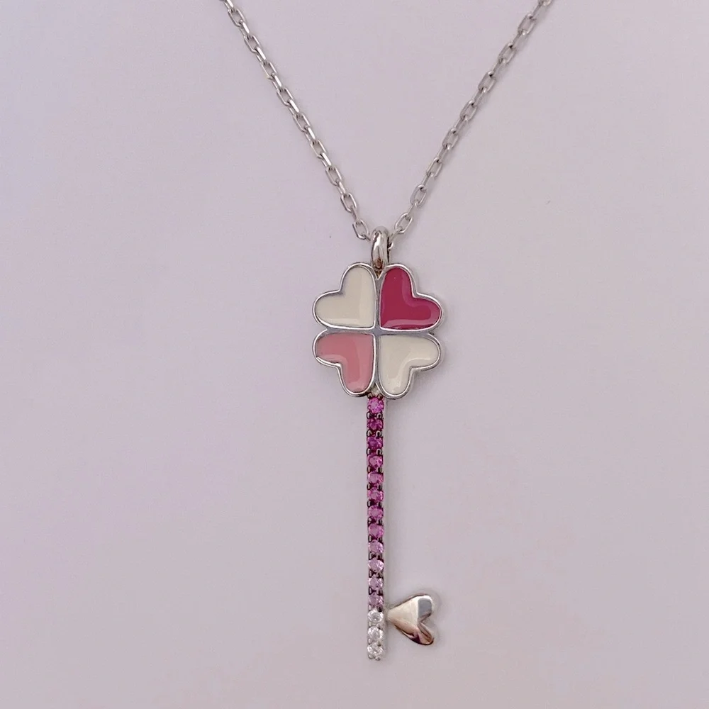 925 Silver pink heart clover key cz necklace